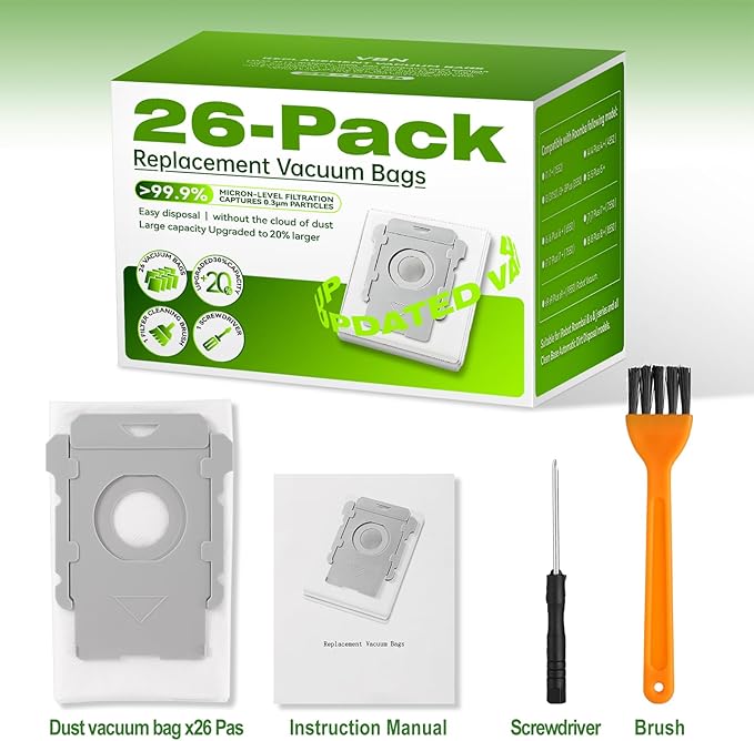 VBN 26 Pack Vacuum Bags for iRobot Roomba i s j 100 400 500 Series All Clean Base, Fit i3+ i4+ i5+ i6+ i7+ i8+ j7+ j8+ j9+ s9+ 104 105 405 504 505 507 Vac Combo, 705 Max Combo10, Dirt Disposal Bags