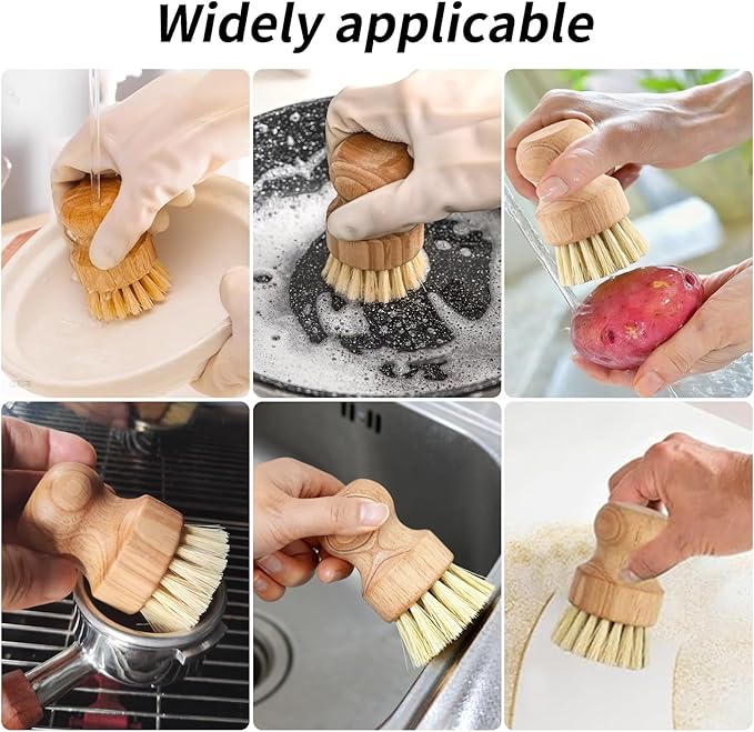 6 Packs Bamboo Dish Scrub Brushes,Kitchen Wooden Dish Scrubber Brush Dishwashing Scrubbers with Natural Sisal Bristles for Cleaning Pots, Pans, Sink, Woks,Vegetables
