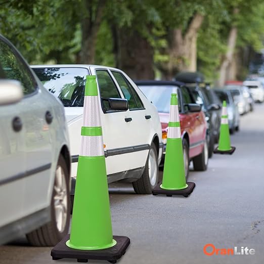 Fluorescent Orange/Green PVC Traffic Cones, Heavy Black Base Parking Lot Cone Structurally Stable Weatherproof Road Construction Safety Cones (4, Green, 36" Extra Large)