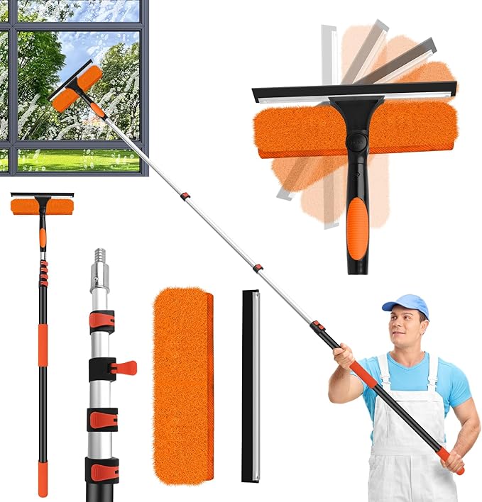 26FT High Window Cleaning Kit with Pole,2 in 1 Window Squeegee for Window Cleaning,5-20FT Professional Window Clean Pole Kit Include Replacement,180°Rotatable Squeegee for Indoor/Outdoor High Windows