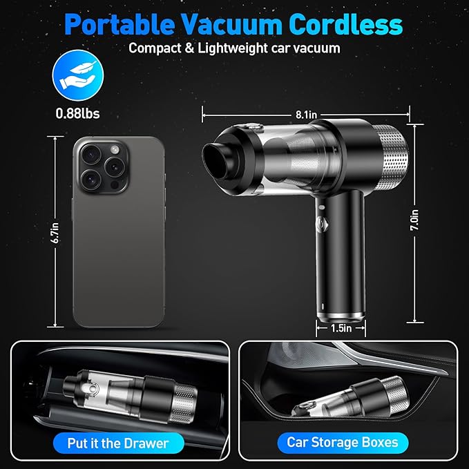 SHLNLI Mini Vacuum Cleaner, 16000PA Car Vacuum Cleaner Portable Cordless with LED Light, 4 in 1 Air Duster and Handheld Small Vacuum Rechargeable for Car, Home, Office, Pet(Black)