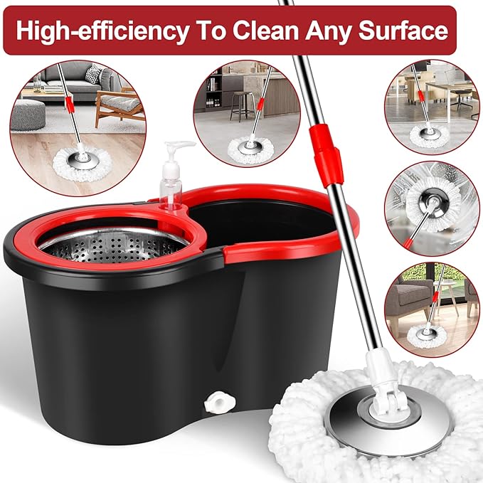 Mop and Bucket with Wringer Set, Floor Cleaning, Household Cleaning Supplies, Stainless Steel Mop Bucket, 3 Microfiber Mop Refills, 61" Extended Handle, Black/Red