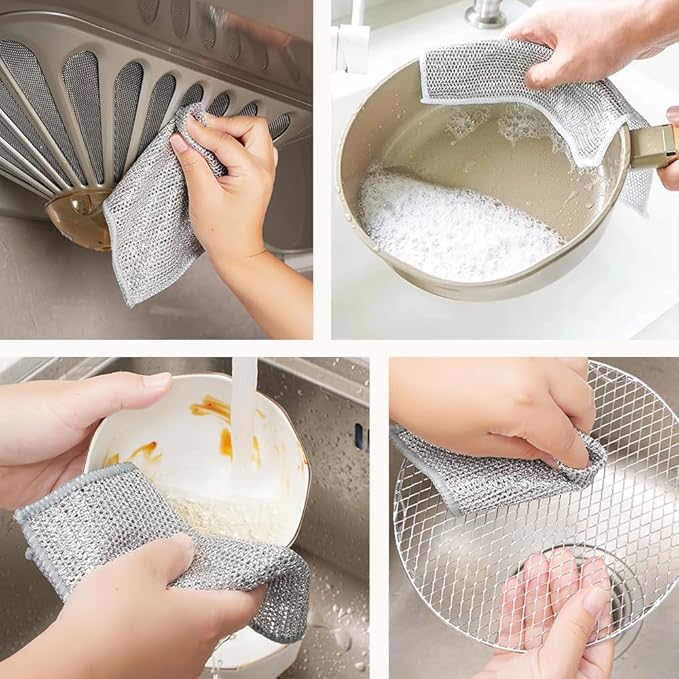Cecurpo Multipurpose Wire Dishwashing Rags, New Silver Stainless Steel Dishwashing Cloth for Wet and Dry, Reusable Premium Metal Scrubbing Pads Sponge Clean Tool for Home Kitchen (15)