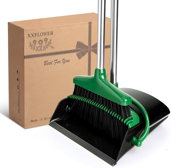 XXFLOWER Broom and Dustpan Set with Long Handle, Light Weight Stainless Steel Poles Stand Upright Dustpans with Broom Combo for Home Kitchen Office Pet Dog Hair, 1-Pack(Black Green)