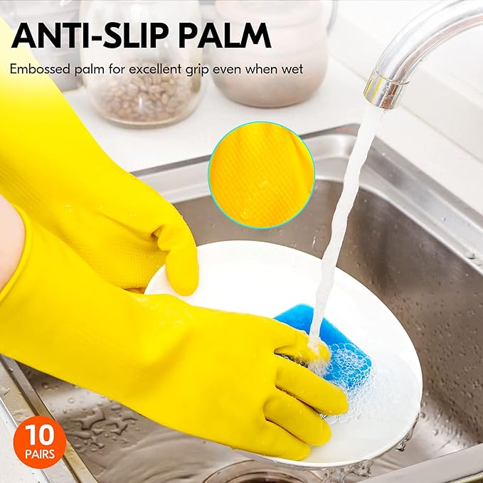 Vgo... 10-Pairs Reusable Household Gloves, Rubber Dishwashing gloves, Extra Thickness, Long Sleeves, Kitchen Cleaning, Working, Painting, Gardening, Pet Care (Size XL, Yellow, HH4601)