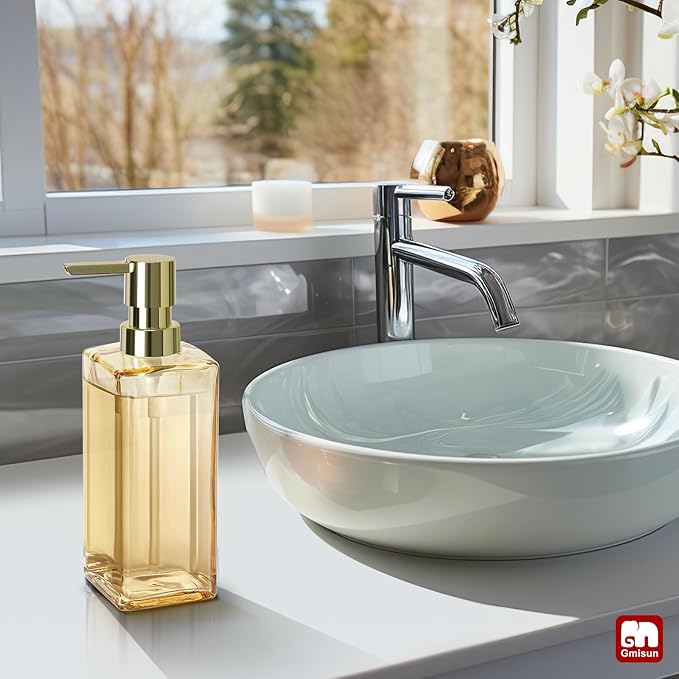 GMISUN Gold Soap Dispenser, Hand Glass Soap Dispenser with Pump, for Bathroom, 12 fl oz/350ml Refillable Dish Dispenser for Kitchen, Modern Liquid Soap and Lotion Bottles for Bathroom Countertop
