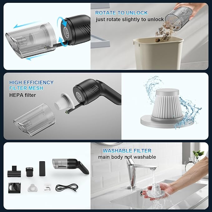 Carry360 38000PA Handheld Vacuum Cordless | 120W Deep Cleaning for Car Pet Hair | Portable Cleaner with 2000mAh Battery, LED Light & Multi-Nozzles | Home Office Multi-Surface