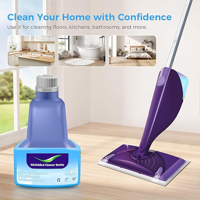 Ndoge Replacement Bottle for Swiffer Wet Jet Mop, Refillable, 500 ML Leak-Proof HDPE Refillable Bottle, 17 FL OZ Solution Bottles with 7 Sealing Pads and 1 Folding Funnel