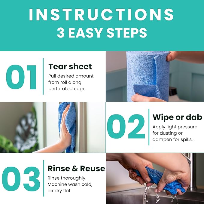 Microfiber Cleaning Cloth Roll, Reusable Tear Away Towels, Ultra Absorbent Dish Rags for Car, Home, Garage (Blue 200 GSM Thickness)
