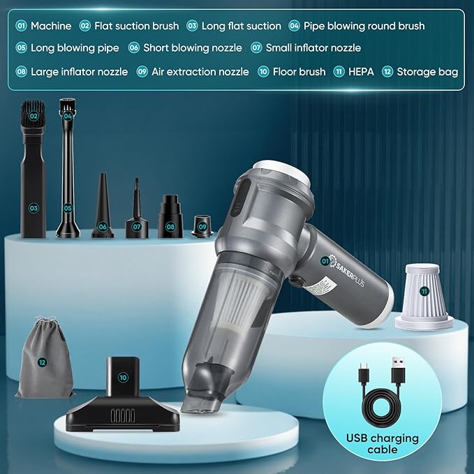 SakerPlus 4 in 1 Handheld Car Vacuum Cleaner, 17500PA High Power Rechargeable Portable Vacuum with LED Light, Multi Nozzles for Car, Home & Office–Ideal for Family(Light Grey)