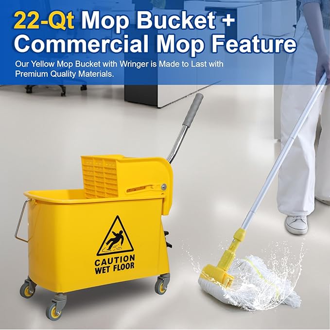 Midoneat Mop Bucket with Wringer, 22 Qt (5.5 Gallon), Handle, Wheels,Floor Cleaning, 16.5" L x 10.6" W x 26.4" H, Yellow,Add One Cotton Mop