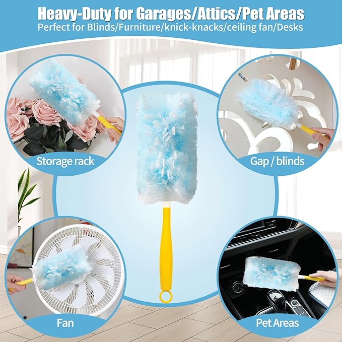 40 Count 360° Heavy Duty Duster Refills Compatible with Swiffer, Large Size-Extra Thick Disposable Electrostatic Duster Refill with 1 Short Handle for Furniture, Blinds, Ceiling Fans(Blue)