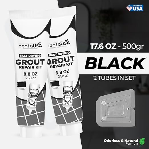 PentaUSA Grout - Premixed Grout Repair Set, 8.8 oz, 2 Pack Tile Grout Tubes, Repairs and Renews Tile Grout in Bathroom and Kitchen, Odorless and Safe Formula - 2 Pack (Black)
