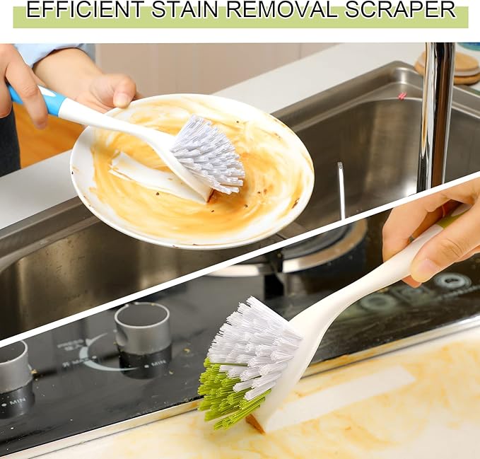 Didaey Dish Brush with Handle Kitchen Scrub Brush Pot and Pan Cleaning Dish Scrubber with Stiff Bristle for Cookware Sink Washing Household, 4 Colors, 11.02 x 3.15 x 0.98 Inch(4 Pcs)