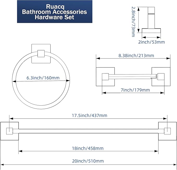RUACQ 3 Pieces Bathroom Hardware Set, SUS 304 Stainless Steel Toilet Paper Holder, Towel Ring, 18-inch Towel Bar Set, Wall Mounted, Heavy Duty(Brushed Nickel)