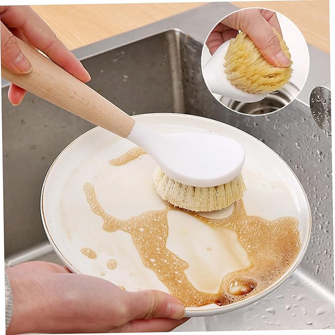 Lawnrden Bamboo Dish Brush, Dish Brush with Handle 2Pcs Scrub, Bamboo with Built-in Scraper Washing for Nonstick Frying Pan, Woks, Kitchen Sinks