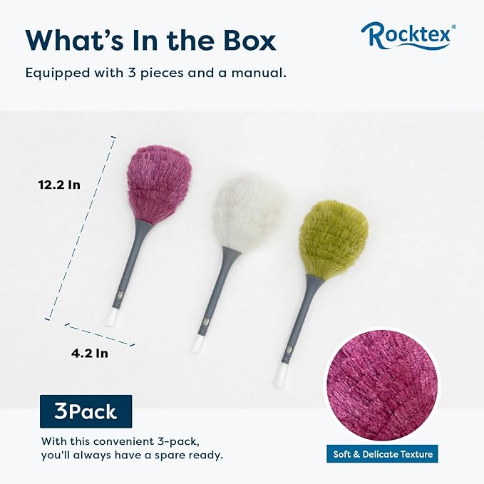 Rocktex 3 Pack Microfiber Delicate Duster & Detail Brush - Dual Ended Duster with Microfiber, Electrostatic and Washable Screen Static Cleaning Tool for Office, Car, Laptop, Screen, Keyboard, TV