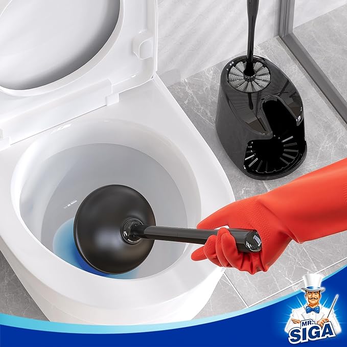 MR.SIGA Toilet Plunger and Bowl Brush with Holder, Heavy Duty Toilet Brush and Plunger Set for Bathroom Cleaning, Black, 1 Set