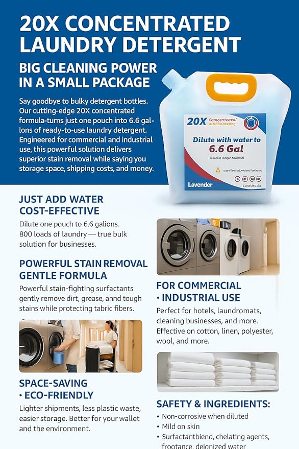 bulk Laundry Detergent Refill,20X Concentrated, Makes 6.6 Gal (800 Loads) - Ultra Stain Fighter, HE Compatible, Low Cost per Load for Home & Commercial Use