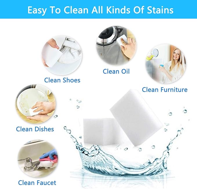 Magic Sponge Eraser, 100 Pack Melamine Foam Bulk Sponge Sheets - Bathroom, Oven, Shower, Glass, Dishes, Stove Top, Kitchen Sinks, Bathtub, Wall Tile, Baseboard Cleaner - White, Not Easily Rip
