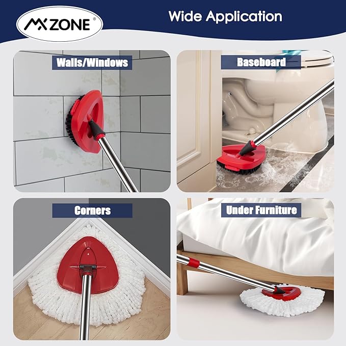 Spin Mop Head Replacement Base Handle Compatible with O Cedar EasyWring 1-Tank System, 4 Mop Replace Heads, 1 Mop Handle, 1 Mop Base and 1 Mop Base Scrub Brush Combo Set