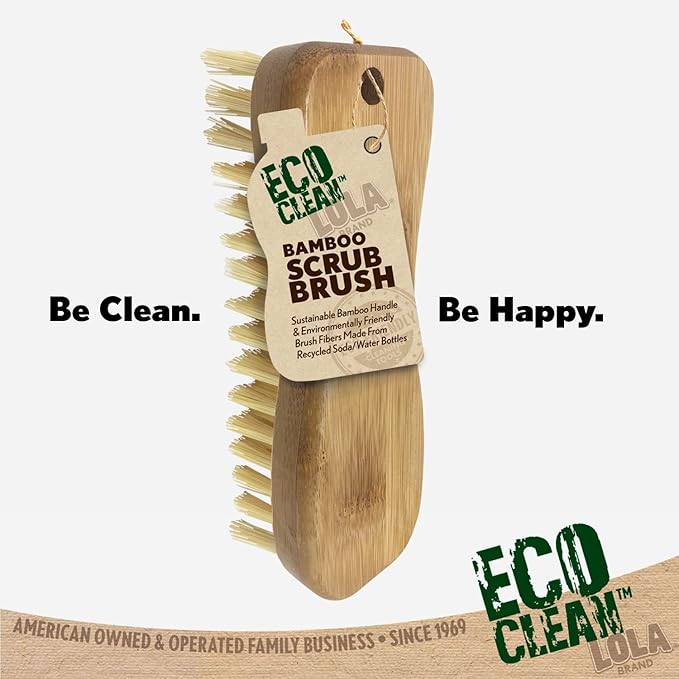 LOLA Bamboo Scrub Brush for Cleaning, Ergonomic Sustainable Durable Poly Bristles Made from Recycled Soda/Water Bottles Easy Hang Hole 1 Pack