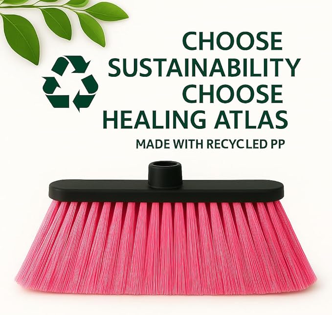 Healing Atlas ALMA Pink 14" Lightweight Push Broom Head – Soft Sweep Flagged Tips – Universal 7/8" Thread – Indoor Cleaning – Recycled PP (Pink, ALMA)