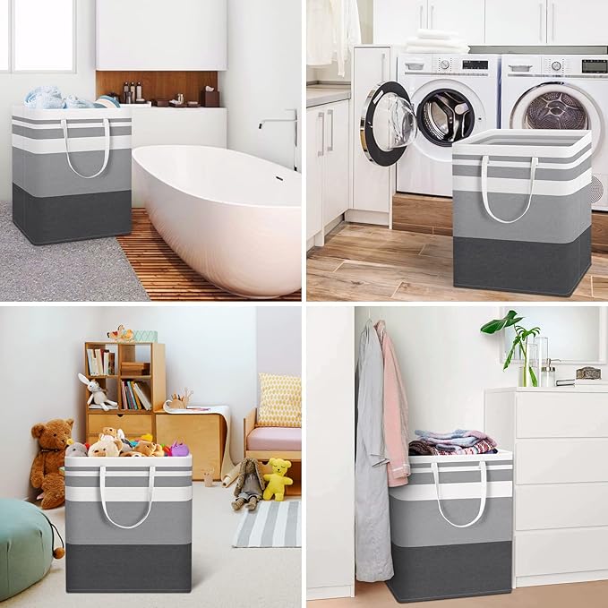 HomeHacks 3-Pack Large Laundry Basket, Waterproof, Freestanding Laundry Hamper, Collapsible Tall Clothes Hamper with Extended Handles for Clothes Toys in the Dorm and Family-(Gradient Grey, 100L)