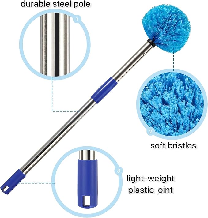 Extended Reach Cobweb Duster with 4-Foot Pole - Medium Bristle Brush for Ceiling, Wall, and Indoor/Outdoor Cleaning, Lightweight Stainless Steel (4FT)