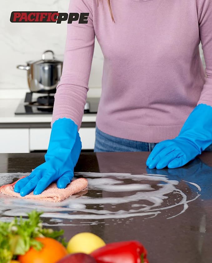 PACIFIC PPE 2 Pairs Reusable Dishwashing Cleaning Gloves with Latex Free, Cotton Lining, Kitchen Gloves, Blue, Large