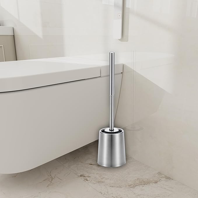 SOPRANNOMIN SUS304 Stainless Steel Toilet Brush and Holder Silicone Bathroom Brush TPE Brush Head Toilet Cleaner for Bowl Bathroom Cleaning Brush Caddy Cepillo de Baño Brushed Silver