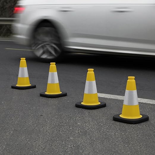 Fluorescent Orange/Green PVC Traffic Cones, Heavy Black Base Parking Lot Cone Structurally Stable Weatherproof Road Construction Safety Cones (8, Yellow, 12" Small)