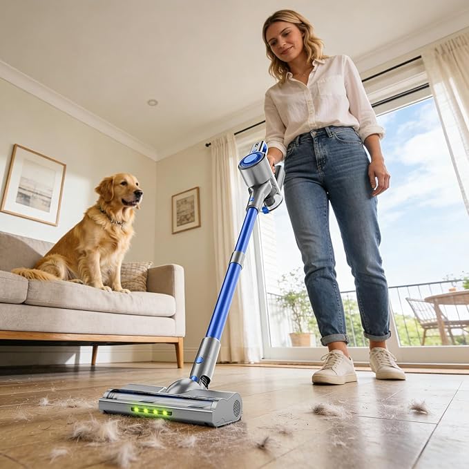 Honki Cordless Vacuum Cleaner for Home, Powerful Stick Vacuum with Rechargeable Battery, Green Light Anti-Tangle Brush, 6-in-1 Lightweight Handheld Vacuum for Pet Hair, Hard Floor, Carpet