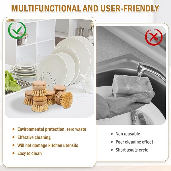 Bamboo Dish Brush - 6 Replacement Heads, Soft Sisal Bristle Scrubber, Brush for Kitchen Cleaning