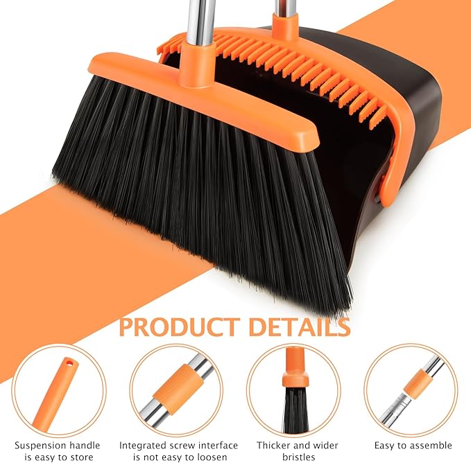 XXFLOWER 2-Pack Broom and Dustpan Set with Long Handle, Heavy Dust Broom and Dustpan Combo for Home,Kitchen, Office, Pet Hair (Brown Orange)
