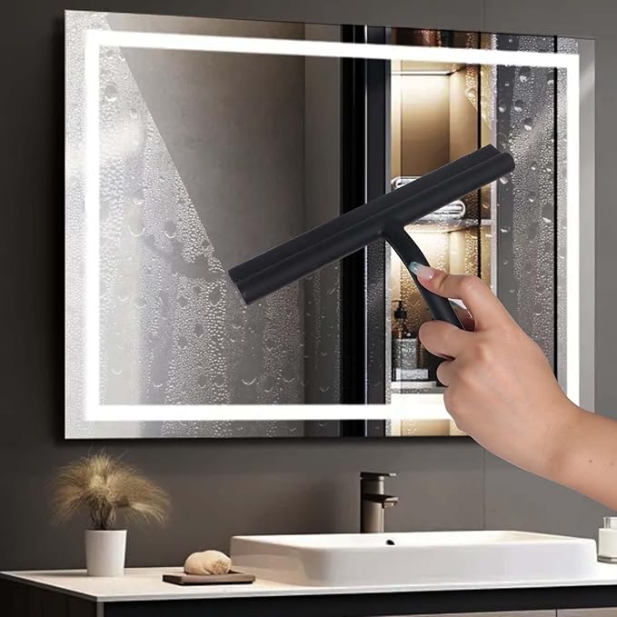 DEOFUXT Shower Squeegee for Glass Doors, Full Silicone Jacketed Squeegee with Ergonomic Handle & No-Drill Hook, Cleaning Tool for Windows, Mirrors, Tiles, Bathroom & Car - Black