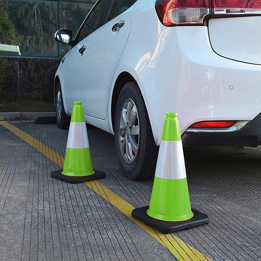 Fluorescent Orange/Green PVC Traffic Cones, Heavy Black Base Parking Lot Cone Structurally Stable Weatherproof Road Construction Safety Cones (8, Green, 18" Medium)