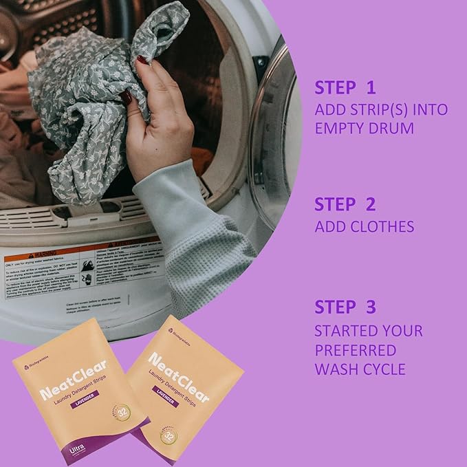 Laundry Detergent Sheets - Travel Size - Lavender Scent 32 Strips (32 Loads) - Concentrated Liquidless Laundry Soap - No Mess - Space-Saving - for Travel, Apartments, Dorms, Sink