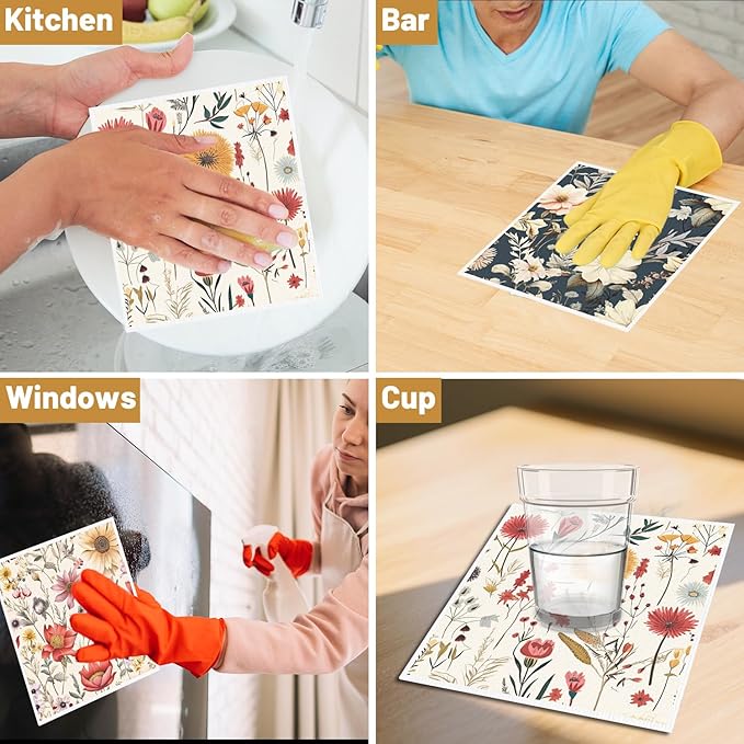 Swedish Dishcloths for Kitchen, 6PCS Vintage Floral Swedish Dish Cloths Gift Set, Flower Reusable Washable Absorbent Dish Towel for Home Cleaning(7.8 X 7 Inches)