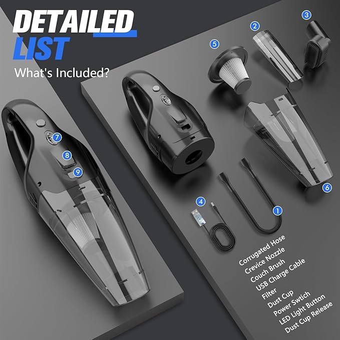 BSRCO Handheld Vacuum Cordless Rechargeable 3-in-1, Car Vacuum Portable Cordless with USB Charge, Handheld Vacuum with LED Light, HEPA Filter, 1.65LBs Lightweight Vacuum Cleaner for Dust, Pet Hair