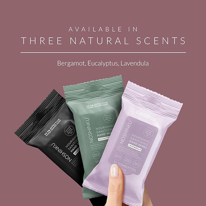 Noshinku Lavendula Hand Sanitizer Wipes, 6-Pack (90 Towelettes) – Resealable Travel Wipes with Ethyl Alcohol, Aloe & Green Tea, Plant-Based Fiber, Essential Oil Scents, Cruelty-Free & No Dyes