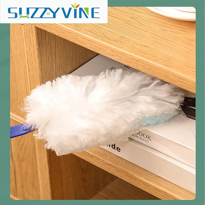 SUZZYVINE Disposable Duster Wish a Long Handle Plus a Short Handle, 15 Count Duster Refills,Blue and White