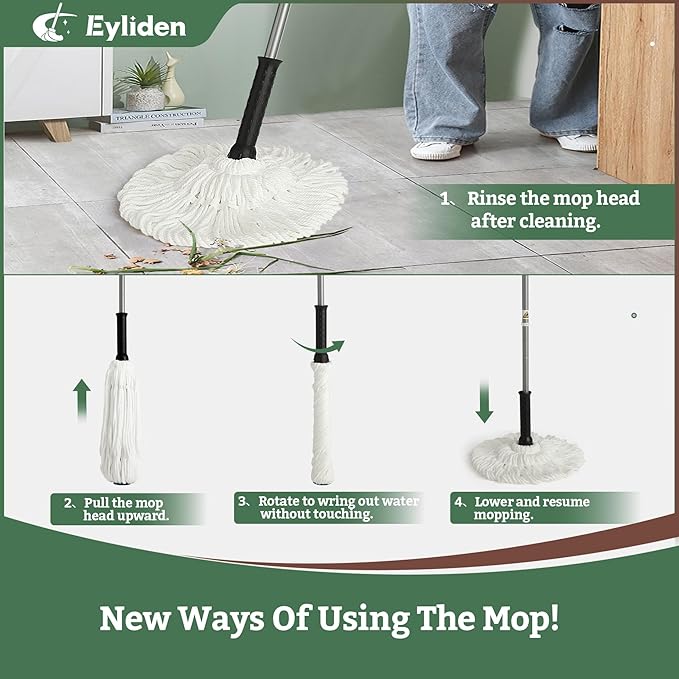 Eyliden Twist Mop - Simple | Easy Self-Wringing, 57" Long Handle, Safe for All Type Floors, Microfiber String Mops for Cleans Dust & Pet Hair, Quick Absorbs Water Spills on Floor, JX-0001 (White)