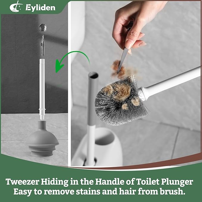 Eyliden Toilet Plunger & Brush Set, Upgrade 3-Step Suction Cup - Ultra-Tight Seal, Durable, Space-Saving Toilet Deep Cleaning Combo with Holder, Bathroom Essentials (1 Pack, White & Grey)
