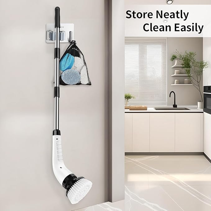 GOXAWEE Electric Spin Scrubber, Cordless Cleaning Brush with 8 Replaceable Brush Heads, Power Shower Scrubber with Long Handle for Bathroom, Tub, Tile, Floor (White)
