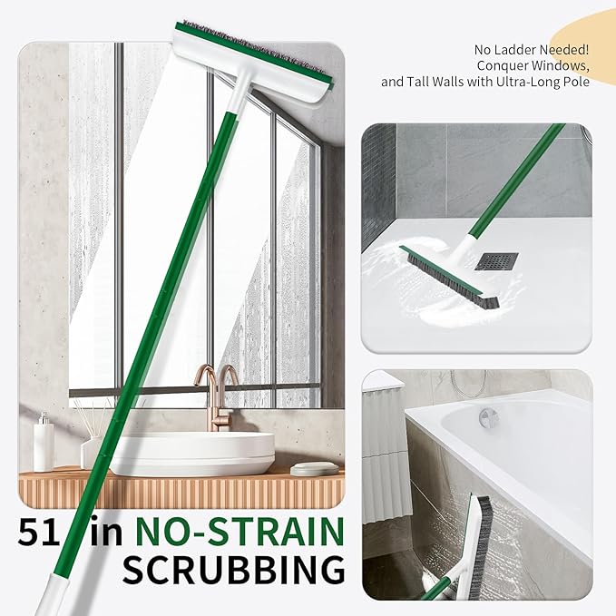 Floor Scrub Brush, 51" Long Handle Scrub Brushes for Cleaning 2 in 1 Heavy Duty Deck Brush Stiff Bristle Tile Floor Scrubber for Shower Bathroom Garage Kitchen Wall Tub and Swimming Pool