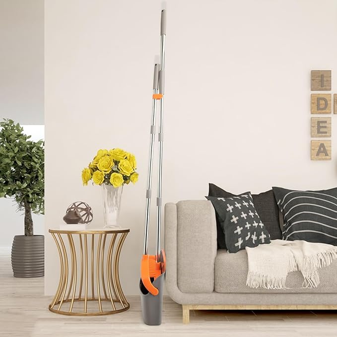 XXFLOWER 2-Pack Broom and Dustpan Set with Long Handle, Heavy Dust Broom and Dustpan Combo for Home,Kitchen, Office, Pet Hair(Gray Orange)