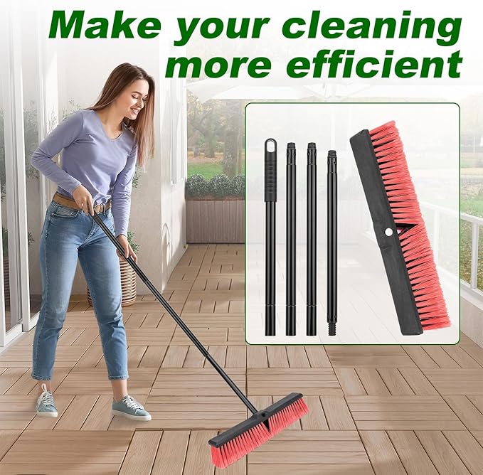 18 Inches Push Broom Outdoor- Heavy Duty Commercial Broom with 64.5" Long Handle and Stiff Bristles for Patio Garage Deck Concrete Wood Stone Tile Driveway Yard Warehouse Shop Floor Cleaning
