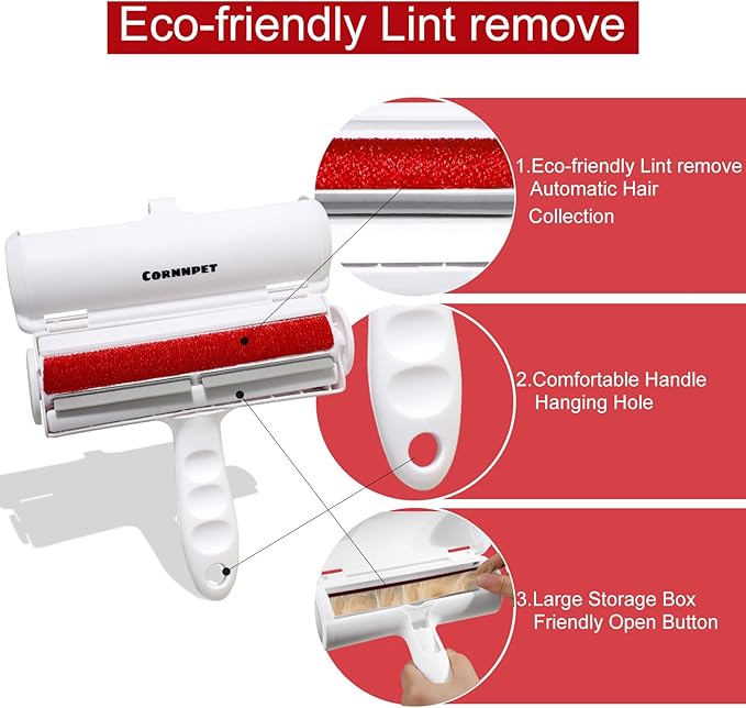 Cornnpet Roller Pet Hair Removal Tool – Reusable Lint Roller for Dogs & Cats – Self-Cleaning Fur Remover Brush - Portable, Multi-Surface Fur Removal Tool - Reusable Double Sided Travel Brush