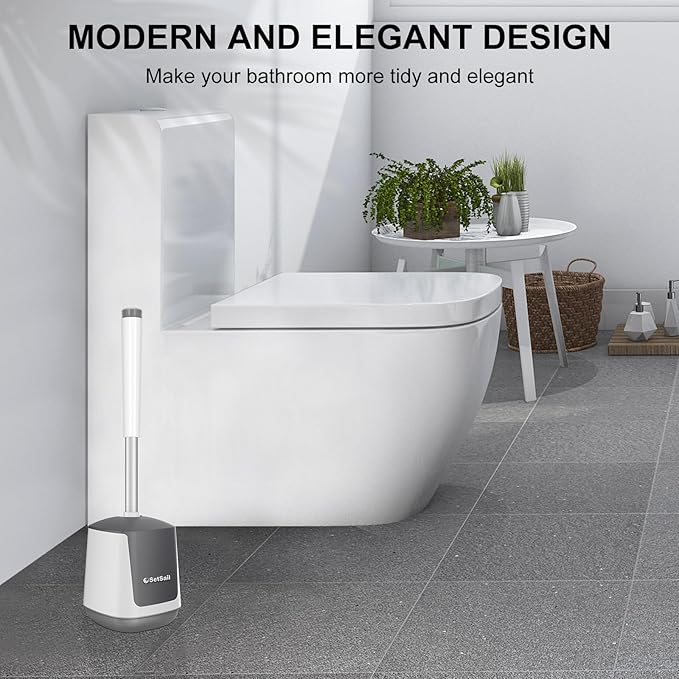 SetSail Silicone Toilet Bowl Brush and Holder Automatic Toilet Brushes for Bathroom with Holder Ventilated Toilet Cleaner Brush for Toilet Scrubber Cleaning, White & Grey